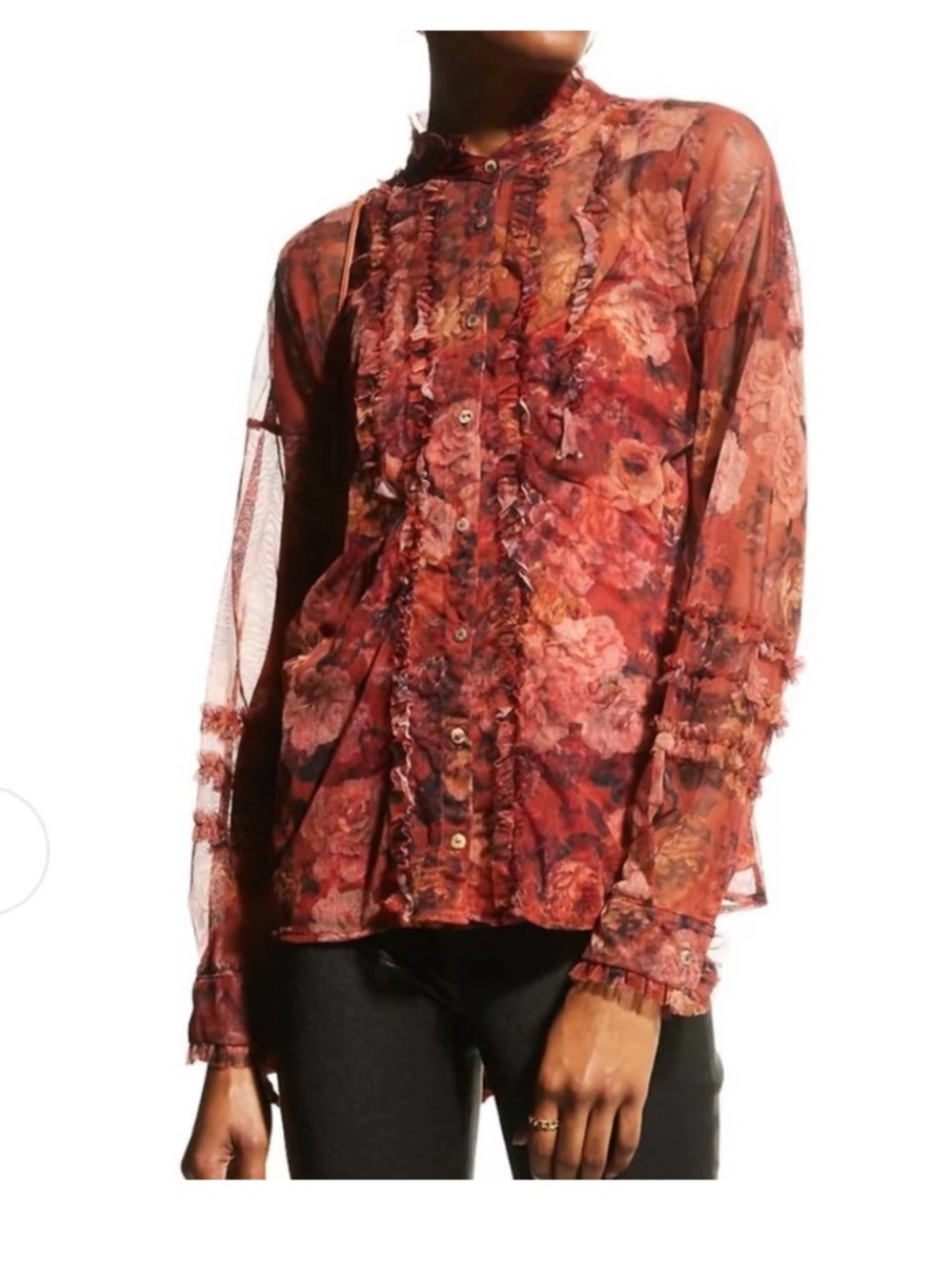Johnny Was Jade Red Multi Floral Mesh Button-Down Blouse